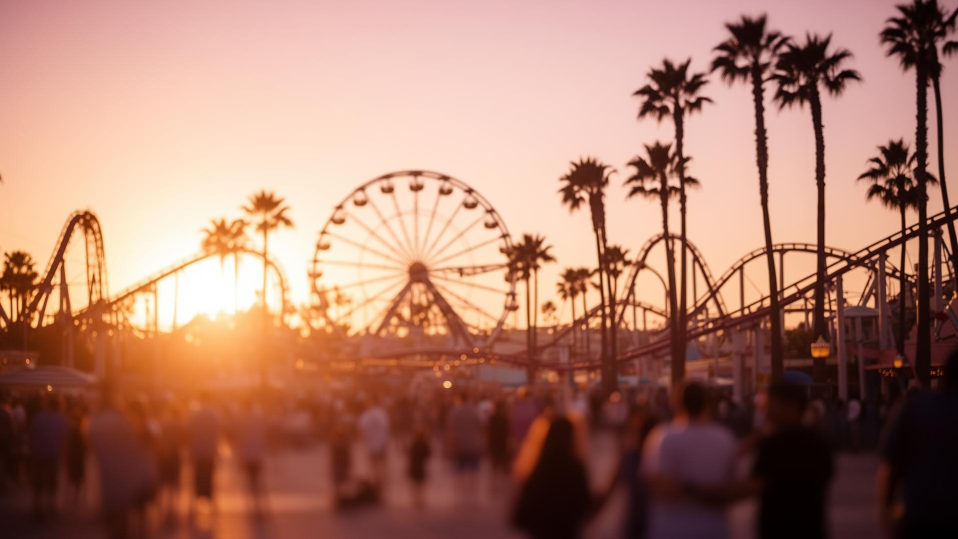 Golden hour at a California amusement park, ferris wheel and palm trees in soft focus